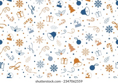 Colorful Christmas Pattern on white backdrop. Doodle illustrations of snow balls, snowflakes, ribbons, gifts, candy cane, ribbons, snow globes. Seamless xmas backdrop. Vector Illustration. EPS 10.
