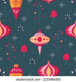 Colorful christmas pattern with retro christmas tree decorations, mushrooms, snowflakes, winter berries