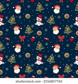 A colorful Christmas pattern with Santa, bears, trees, and sweets on a blue background.