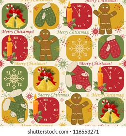 Colorful Christmas pattern seamless with  candle, bells, mittens and socks