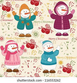 Colorful Christmas pattern seamless with  cute snowman dressed winter clothing
