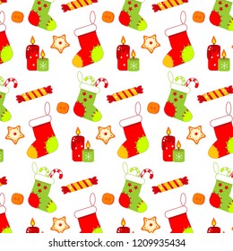 colorful Christmas pattern with socks, sweets and candels. New year holidays background for wrapping, boxing, prints