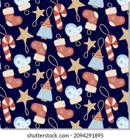 Colorful christmas pattern toys tree in retro style. Seamless holiday decoration. Winter background vector. Seamless fabric texture.