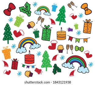 Colorful Christmas pattern vector illustration with rainbow, cakes, trees, gift boxes and other ornaments. 