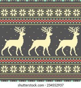Colorful Christmas pixel background with deer and snowflakes