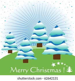 Colorful Christmas postcard with fir trees covered with snow and the text Merry Christmas written bellow the trees