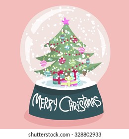 Colorful Christmas poster with cute cartoon snow globe with fir-tree on green stand. Bright festive illustration and text Merry Christmas on a light-pink backdrop.