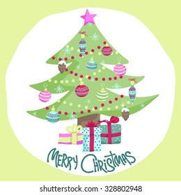 Colorful Christmas poster with cute cartoon fir-tree with toys, garlands and gifts on decorative circle. Bright festive illustration and text Merry Christmas on a yellow backdrop.
