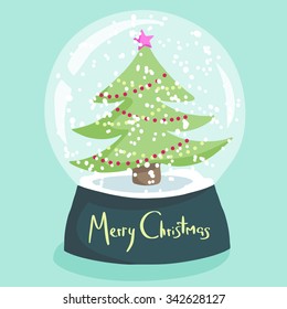Colorful Christmas poster with cute cartoon snow globe with fir tree on green stand. Bright festive illustration and text Merry Christmas on a light blue background.