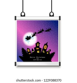 colorful Christmas poster on suspensions. Santa on reindeer