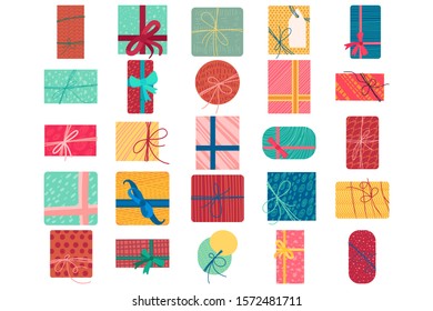 Colorful christmas present boxes flat vector illustration. New year gifts stickers set
