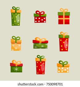 Colorful Christmas present boxes set of different shapes with ribbon bows on light background isolated vector illustration