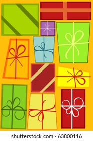 A lot of colorful Christmas present boxes. Vector background