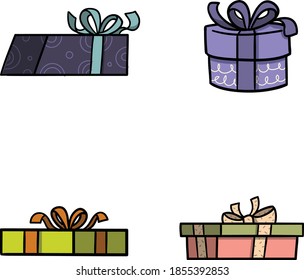 Colorful Christmas present pack or set of birthday presents with decorative wrapping paper with dot stripe heart zig zag pattern with ribbon bow isolated on transparent background