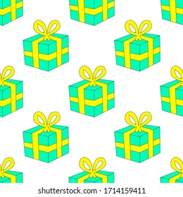 Farbiges Weihnachtsgeschenkobjekt einzeln auf weißem Hintergrund ist in nahtlosen Mustern