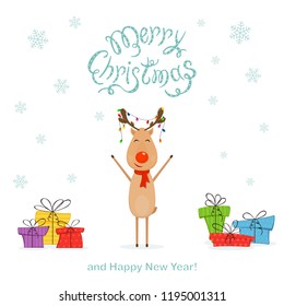 Colorful Christmas presents and happy Christmas deer with red nose and scarf. Text Merry Christmas and Happy New Year with falling snowflakes on white background, illustration.