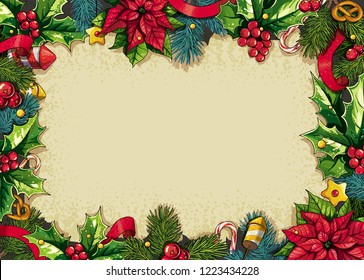 Colorful christmas rectangular background frame with Composition of Festive Elements such as Cookies, Candies, Berries, Christmas Tree Decorations, Pine Branches, Holly, Poinsettia, Fireworks.