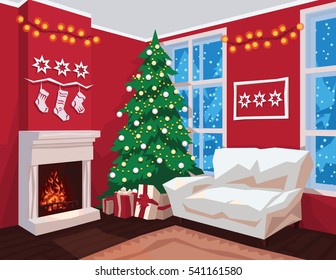 Colorful Christmas room interior. Comfortable white sofa, decorated Christmas tree, fireplace, gifts and snowfall in the window. Vector illustration. Scene for your artwork and design. Perspective.