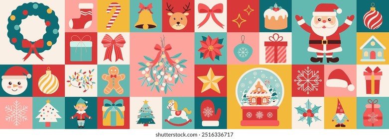 A colorful Christmas scene with a variety of decorations including a wreath, gingerbread man, and Santa Claus