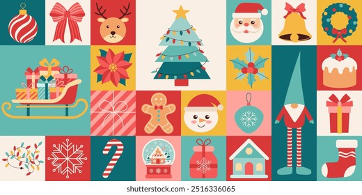 A colorful Christmas scene with a variety of festive elements such as a sleigh, gingerbread man, and Santa Claus
