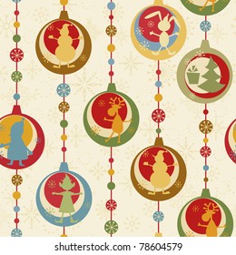 Colorful Christmas seamless pattern with balls , deer, Santa, elf, deer, tree and present