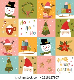 Colorful christmas seamless pattern, cute characters and decoration, great for wrapping paper, textiles, banners, wallpapers - vector design