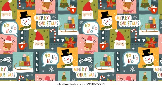 Colorful christmas seamless pattern, cute characters and decoration, great for wrapping paper, textiles, banners, wallpapers - vector design