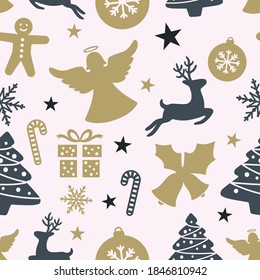 Colorful Christmas seamless pattern. Deer, angel, christmas ball pattern for paper or print.