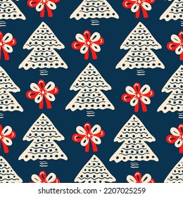 Colorful Christmas seamless pattern in doodle style. Hand drawn Xmas festive seamless background with repeat vector illustration of tree and bow for greeting card, wrapping paper, fabric, textile