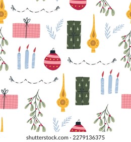 Colorful Christmas seamless pattern, flat vector illustration on white background. Cute hand drawn winter holiday elements - tree bauble, gift box, garland and candles.