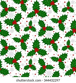 Colorful christmas seamless pattern with holly  berries and  green spiny leaves on a white background with silver gray snowflakes