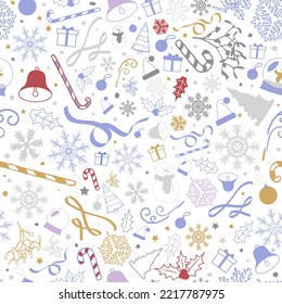 Colorful Christmas Seamless Pattern on white background with christmas elements. Cute and Big Group of christmas items. Xmas pattern for backgrounds, print, gift wrapping, cards, backdrop. Vector Art.