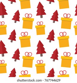 Colorful christmas seamless pattern with presents and christmas trees 