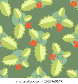 Colorful christmas seamless pattern. Simple repeated holly leaves. Simple vector xmas composition for textile, wallpaper, wrapping paper, prints, fabric, web background or another accent etc.