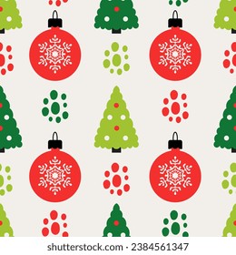 Colorido patrón de Navidad sin fisuras con árbol y baudibles. Moderno y vibrante fondo para la decoración navideña con elementos dibujados a mano, pino, copos de nieve. Repetición de la ilustración del vector