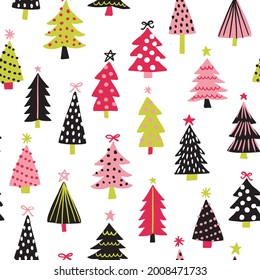 Coloridas navidades sin fisuras con árboles de navidad en colores alegres y negros. Diseño vectorial de invierno para envoltura de regalo, scrapbooking, papel pintado, decoración de casa, ropa infantil, tela.