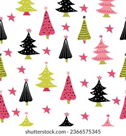Colorful Christmas seamless pattern with Christmas trees in cheerful, bright colors and black. Winter vector design for packaging, scrapbooking, wallpaper, home decor, children's clothing, fabric.