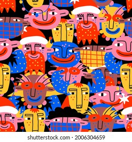 coloridas navidades sin costuras, santa psicodélica, niños, ciervos, decoraciones. Celebración de Año Nuevo. Fiesta al estilo de las décadas de los 80 y 90. Caracteres bizarros 2022 
