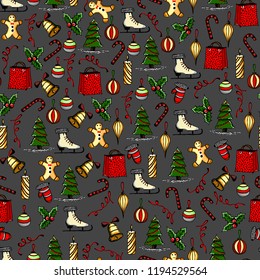Colorful christmas seamless texture with the Christmas objects made in the hand painted style.