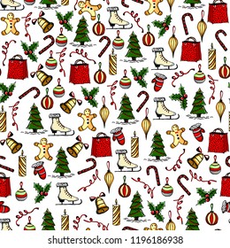 Colorful christmas seamless texture with the Christmas objects made in the hand painted style.