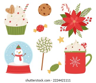 Colorful Christmas set of sweets and seasonal elements. Isolated white background.