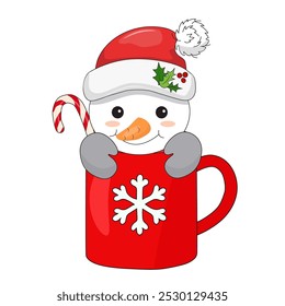 A colorful Christmas snowman, wearing a Santa Claus hat, peeks out from a red mug with a candy cane. hand drawn. vector.