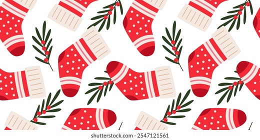 Colorful Christmas socks and branches with berries seamless pattern. Red Christmas stockings pattern. Flat vector illustration on white background.