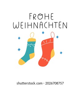 Colorful Christmas socks. Frohe weihnachten it's mean Merry Christmas in German. Vector illustration.