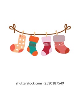 Colorful Christmas socks hanging on a rope. Sign of holy Christmas festival