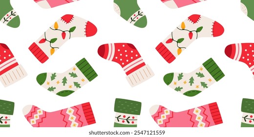 Colorful Christmas socks seamless pattern. Various Christmas stockings pattern. Flat vector illustration on white background.