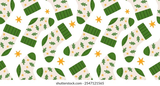 Colorful Christmas socks with christmas trees seamless pattern. Christmas stockings pattern. Flat vector illustration on white background.