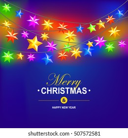 Colorful christmas stars lights on blue background. Christmas garland. Vector illustration.