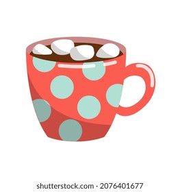 Colorful Christmas Sticker. Bright mug with hot drink and marshmallows. Beverage for winter holidays. Design element for greeting cards. Cartoon flat vector illustration isolated on white background