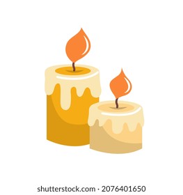 Colorful Christmas Sticker. Different Candles with lit lights. Home decoration for winter holidays. Gift packaging design element. Cartoon flat vector illustration isolated on white background